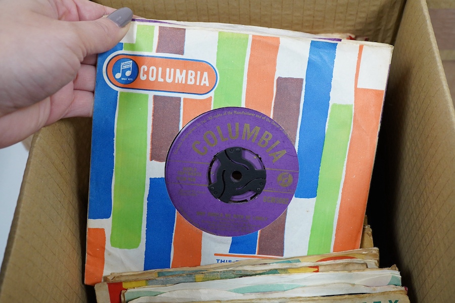 Three boxes of 7 inch singles, all on the Columbia label, artists include; Cliff Richard and the Drifters, the Tarriers, Benny Goodman, Doris Day, Eddie Calvert, The Animals, the Shadows, Kathy Kirby, Hank Marvin, The Ba